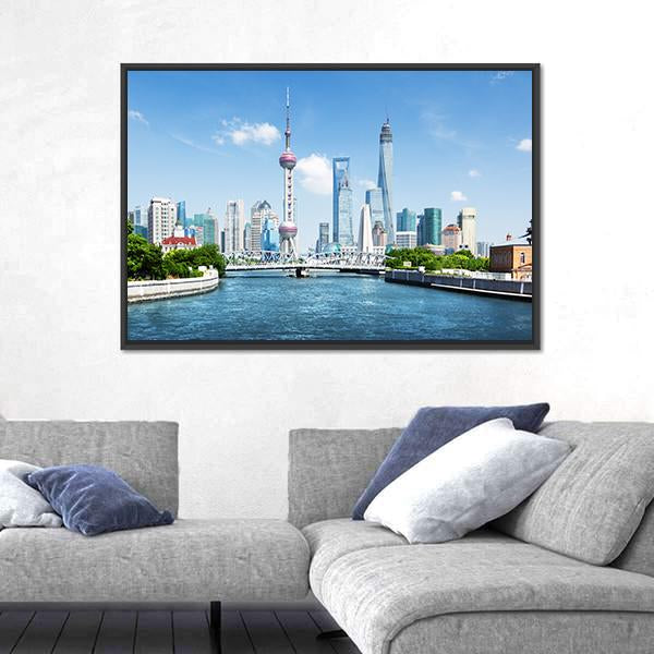 Shanghai Skyline In Sunny Day Canvas Wall Art-3 Horizontal-Gallery Wrap-25" x 16"-Tiaracle