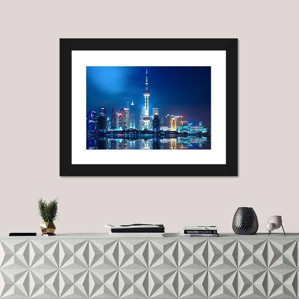 Shanghai Skyline With Reflection At Night Canvas Wall Art-1 Piece-Framed Print-20" x 16"-Tiaracle