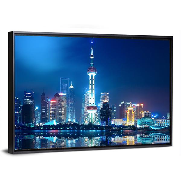 Shanghai Skyline With Reflection At Night Canvas Wall Art-3 Horizontal-Gallery Wrap-25" x 16"-Tiaracle