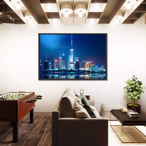 Shanghai Skyline With Reflection At Night Canvas Wall Art-3 Horizontal-Gallery Wrap-25" x 16"-Tiaracle