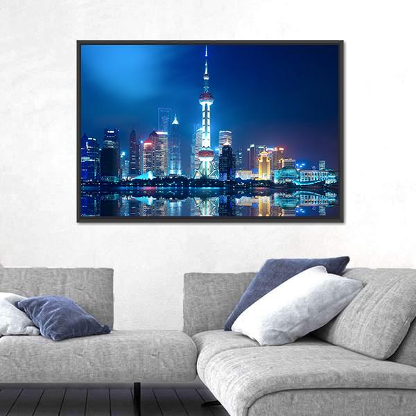 Shanghai Skyline With Reflection At Night Canvas Wall Art-3 Horizontal-Gallery Wrap-25" x 16"-Tiaracle