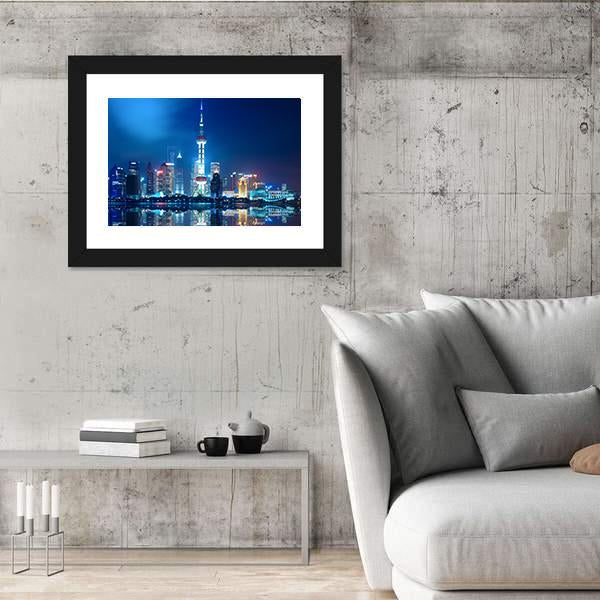Shanghai Skyline With Reflection At Night Canvas Wall Art-3 Horizontal-Gallery Wrap-25&quot; x 16&quot;-Tiaracle