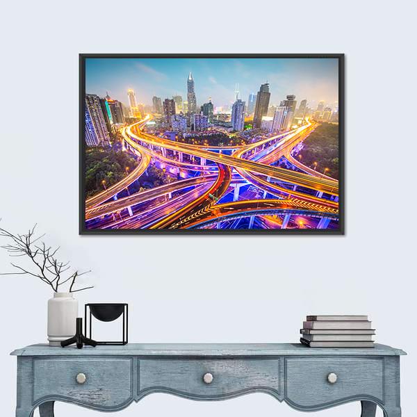 Shanghai View Over Highways Canvas Wall Art-1 Piece-Floating Frame-24&quot; x 16&quot;-Tiaracle