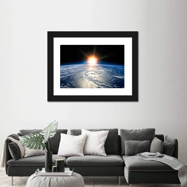 Shining Sun On Planet Earth Canvas Wall Art-1 Piece-Framed Print-20" x 16"-Tiaracle