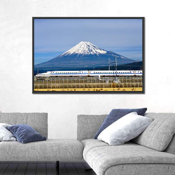 Shinkansen Bullet Train And Mt Fuji Canvas Wall Art-1 Piece-Floating Frame-24" x 16"-Tiaracle
