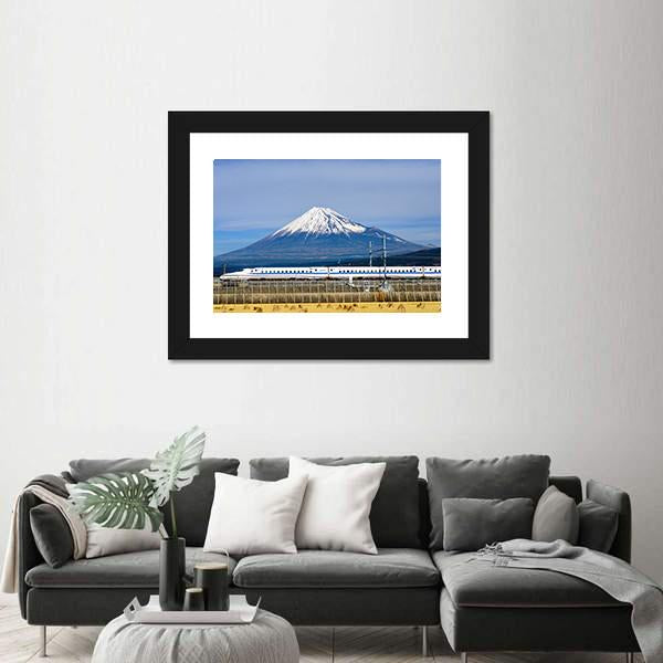 Shinkansen Bullet Train And Mt Fuji Canvas Wall Art-1 Piece-Framed Print-20" x 16"-Tiaracle