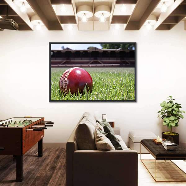 Shiny New Cricket Ball On Grass Canvas Wall Art-1 Piece-Floating Frame-24&quot; x 16&quot;-Tiaracle