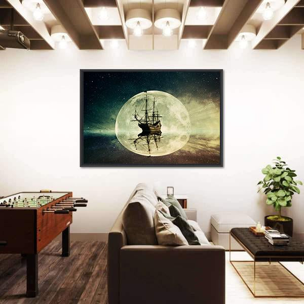 Ship In Moonlight Canvas Wall Art-5 Horizontal-Gallery Wrap-22" x 12"-Tiaracle
