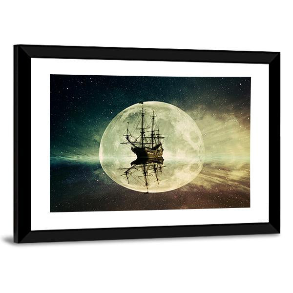 Ship In Moonlight Canvas Wall Art-5 Horizontal-Gallery Wrap-22" x 12"-Tiaracle