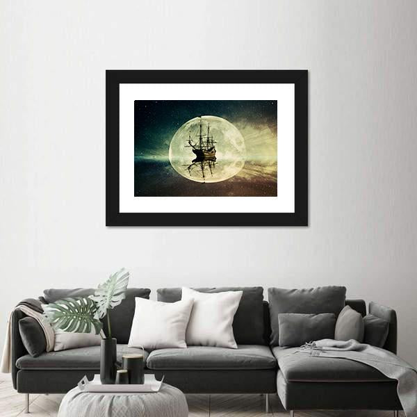 Ship In Moonlight Canvas Wall Art-5 Horizontal-Gallery Wrap-22" x 12"-Tiaracle