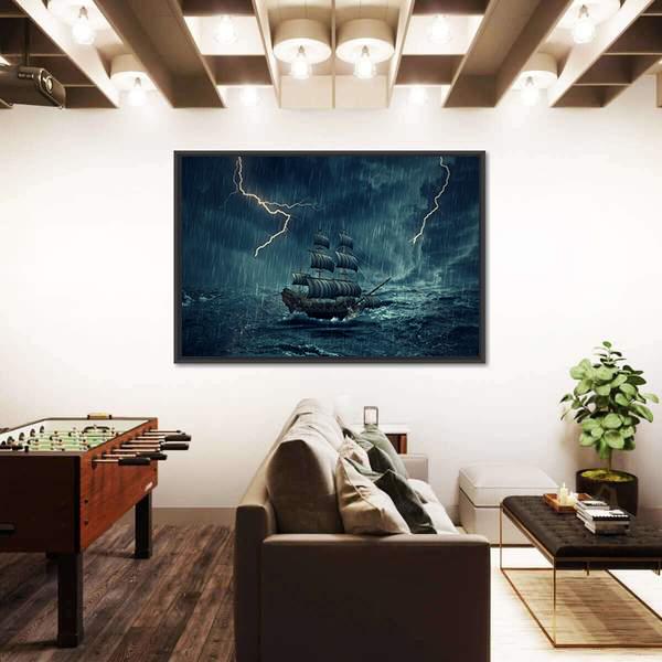 Ship In Stormy Night Canvas Wall Art-1 Piece-Floating Frame-24" x 16"-Tiaracle