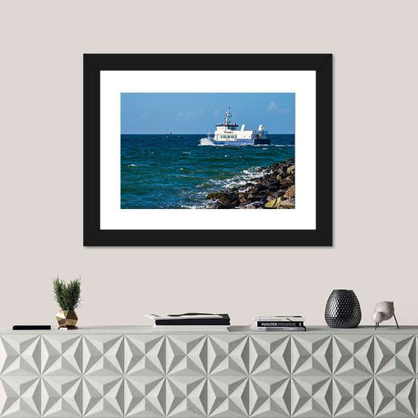 Ship On The Baltic Sea In Warnemuende Canvas Wall Art-1 Piece-Framed Print-20" x 16"-Tiaracle