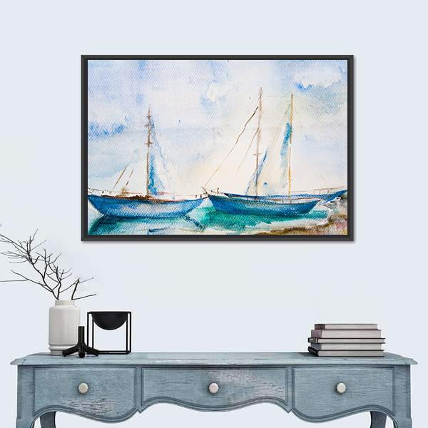 Ships In The Sea Watercolor Canvas Wall Art-1 Piece-Floating Frame-24" x 16"-Tiaracle