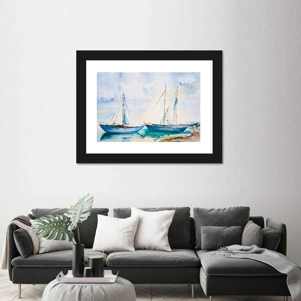 Ships In The Sea Watercolor Canvas Wall Art-3 Horizontal-Gallery Wrap-25" x 16"-Tiaracle