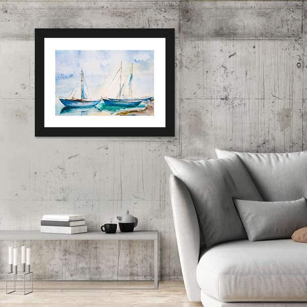 Ships In The Sea Watercolor Canvas Wall Art-3 Horizontal-Gallery Wrap-25" x 16"-Tiaracle