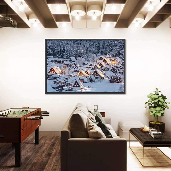 Shirakawago Light-Up With Snow Fall Canvas Wall Art-1 Piece-Floating Frame-24" x 16"-Tiaracle