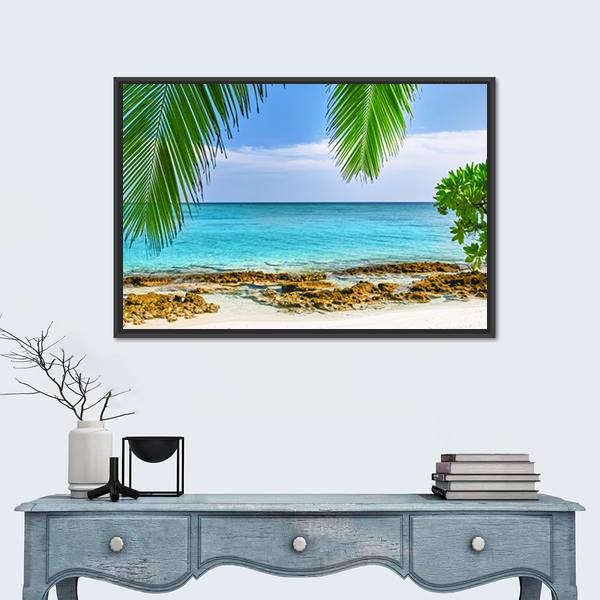 Shoreline of a Tropical Island in the Maldives Canvas Wall Art in white, green and blue, framed canvas, product view on a white background