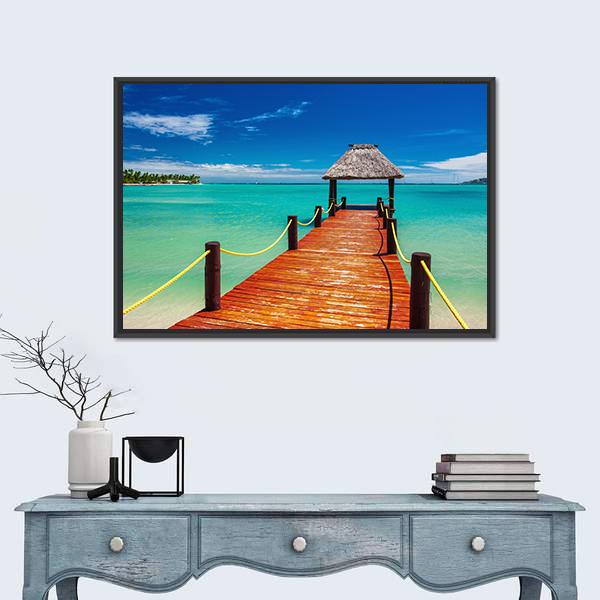 Short Red Wooden Jetty On Fiji Island Canvas Wall Art-1 Piece-Floating Frame-24" x 16"-Tiaracle
