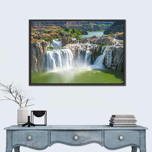 Shoshone Falls Canvas Wall Art in white, brown and green, framed canvas, product view on a white background