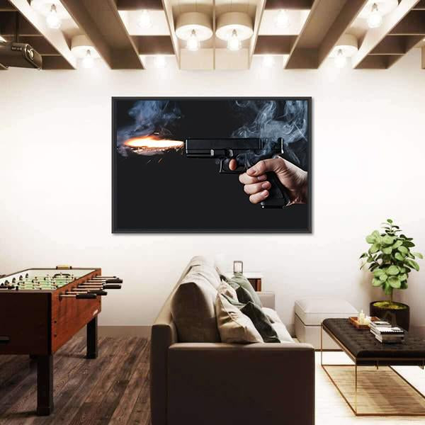 Shot From A Handgun With Fire And Smoke Canvas Wall Art-1 Piece-Floating Frame-24" x 16"-Tiaracle