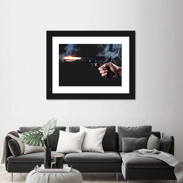 Shot From A Handgun With Fire And Smoke Canvas Wall Art-1 Piece-Framed Print-20" x 16"-Tiaracle