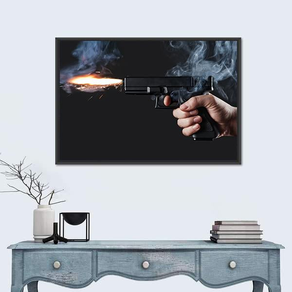 Shot From A Handgun With Fire And Smoke Canvas Wall Art-5 Horizontal-Gallery Wrap-22" x 12"-Tiaracle