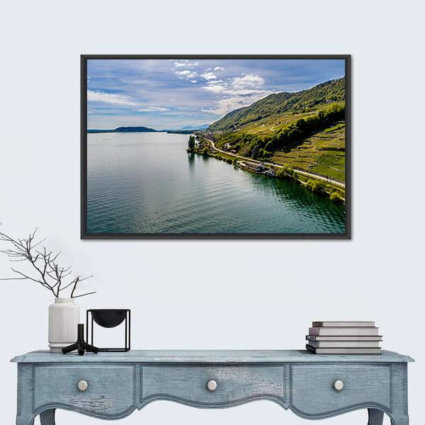 Shot Of Lake With Steep Coast Canvas Wall Art-1 Piece-Floating Frame-24" x 16"-Tiaracle