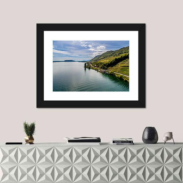 Shot Of Lake With Steep Coast Canvas Wall Art-1 Piece-Framed Print-20" x 16"-Tiaracle