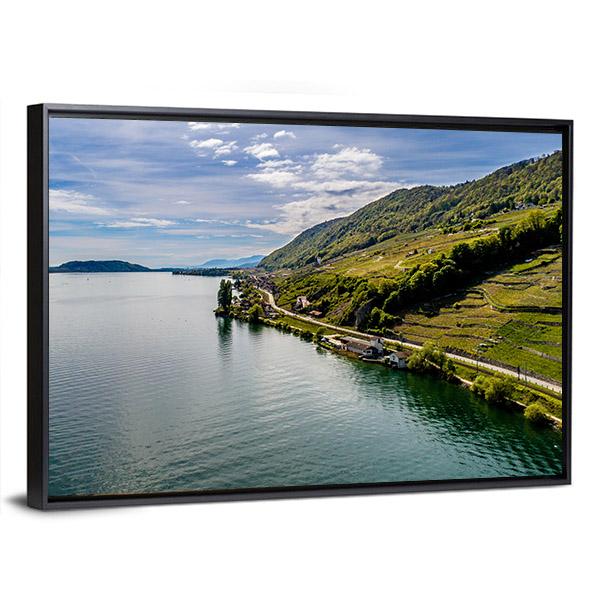 Shot Of Lake With Steep Coast Canvas Wall Art-3 Horizontal-Gallery Wrap-25" x 16"-Tiaracle
