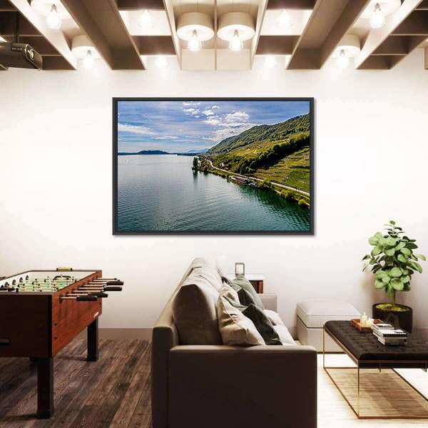 Shot Of Lake With Steep Coast Canvas Wall Art-3 Horizontal-Gallery Wrap-25" x 16"-Tiaracle