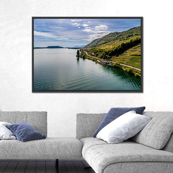 Shot Of Lake With Steep Coast Canvas Wall Art-3 Horizontal-Gallery Wrap-25" x 16"-Tiaracle