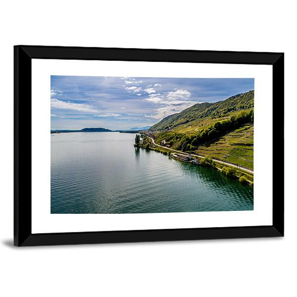 Shot Of Lake With Steep Coast Canvas Wall Art-3 Horizontal-Gallery Wrap-25" x 16"-Tiaracle