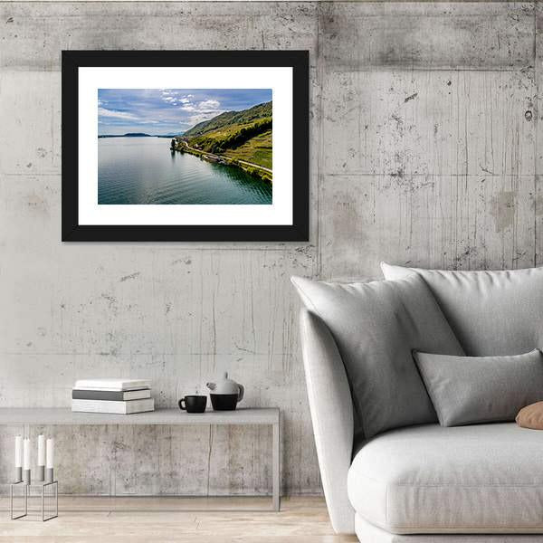 Shot Of Lake With Steep Coast Canvas Wall Art-3 Horizontal-Gallery Wrap-25" x 16"-Tiaracle