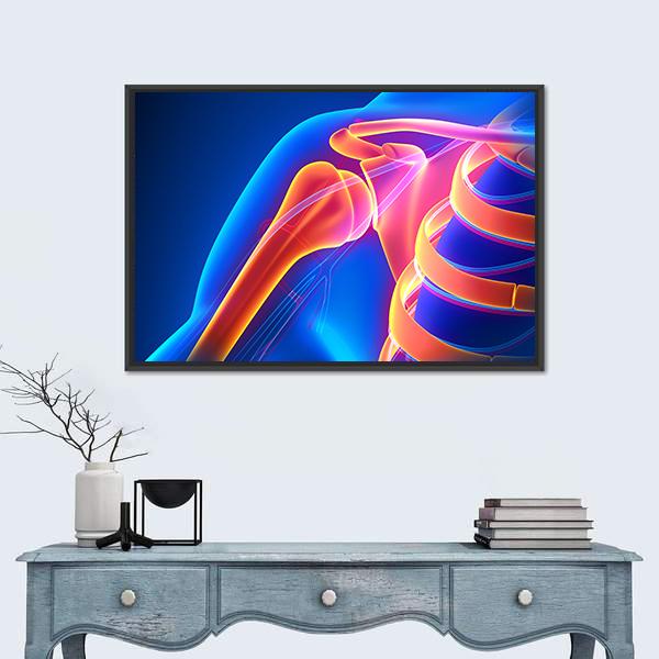 Glowing Shoulder Joint Anatomy Canvas Wall Art in orange, blue and pink, framed canvas, product view on a white background
