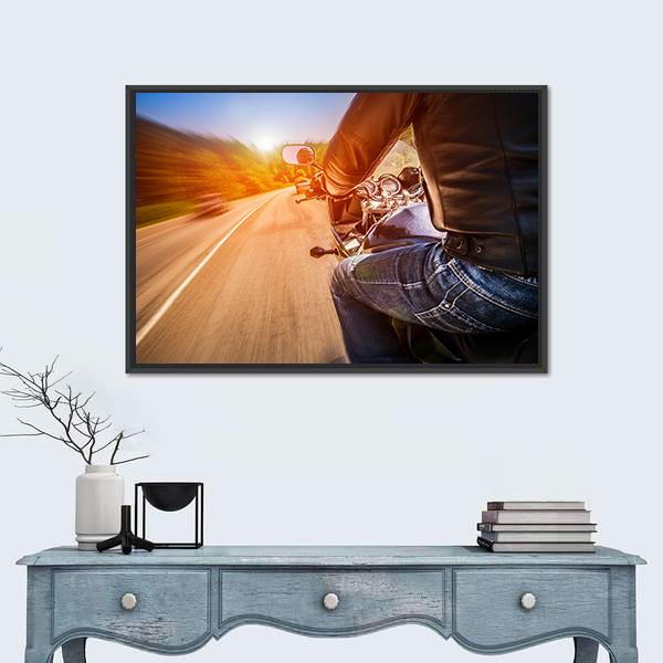 Side View Of Biker Driving A Motorcycle Rides Along The Road Canvas Wall Art-1 Piece-Floating Frame-24" x 16"-Tiaracle