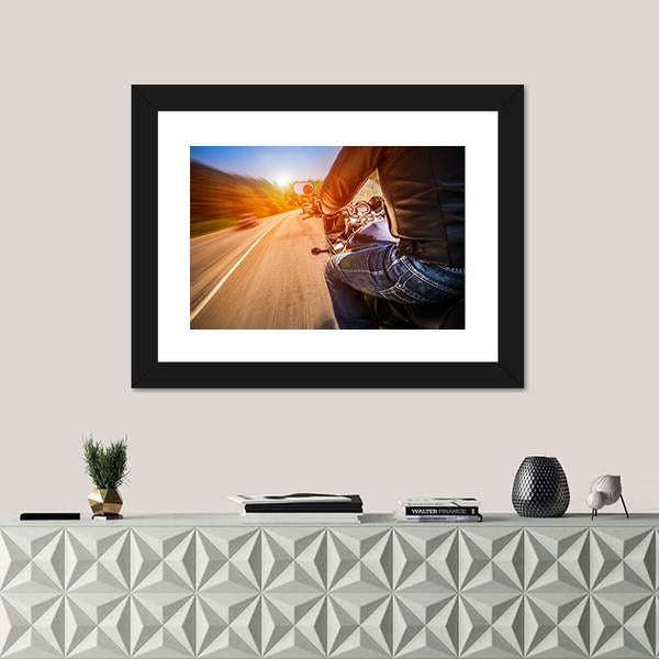 Side View Of Biker Driving A Motorcycle Rides Along The Road Canvas Wall Art-1 Piece-Framed Print-20" x 16"-Tiaracle
