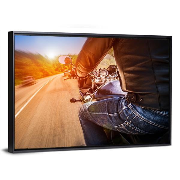Side View Of Biker Driving A Motorcycle Rides Along The Road Canvas Wall Art-3 Horizontal-Gallery Wrap-25" x 16"-Tiaracle