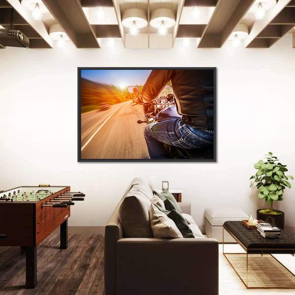 Side View Of Biker Driving A Motorcycle Rides Along The Road Canvas Wall Art-3 Horizontal-Gallery Wrap-25" x 16"-Tiaracle