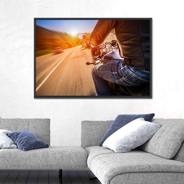 Side View Of Biker Driving A Motorcycle Rides Along The Road Canvas Wall Art-3 Horizontal-Gallery Wrap-25" x 16"-Tiaracle