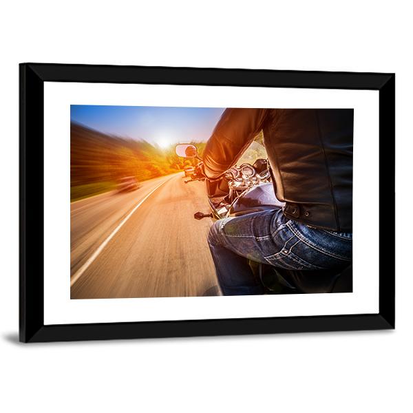 Side View Of Biker Driving A Motorcycle Rides Along The Road Canvas Wall Art-3 Horizontal-Gallery Wrap-25" x 16"-Tiaracle