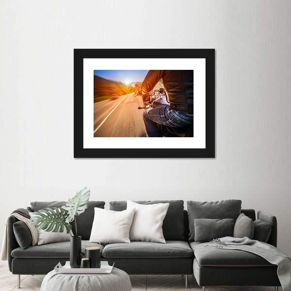 Side View Of Biker Driving A Motorcycle Rides Along The Road Canvas Wall Art-3 Horizontal-Gallery Wrap-25" x 16"-Tiaracle