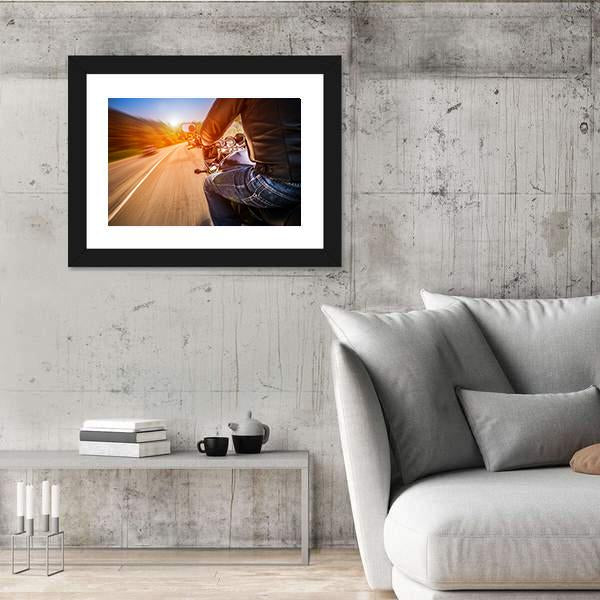 Side View Of Biker Driving A Motorcycle Rides Along The Road Canvas Wall Art-3 Horizontal-Gallery Wrap-25" x 16"-Tiaracle