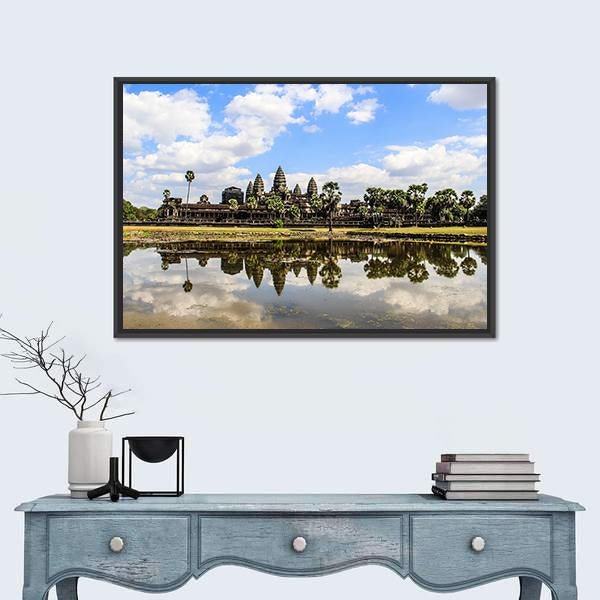 Angkor Wat Temple with Lake Reflection Canvas Wall Art in white, green and blue, framed canvas, product view on a white background