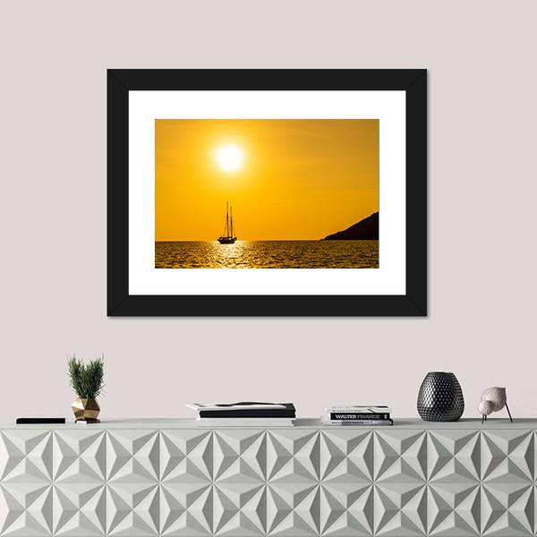Silhouette Boat In Sea Canvas Wall Art-1 Piece-Framed Print-20" x 16"-Tiaracle