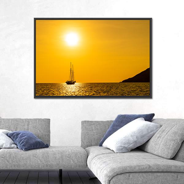 Silhouette Boat In Sea Canvas Wall Art-3 Horizontal-Gallery Wrap-25" x 16"-Tiaracle