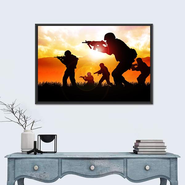 Silhouette Illustration Of Soldiers Canvas Wall Art-1 Piece-Floating Frame-36" x 24"-Tiaracle