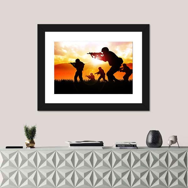 Silhouette Illustration Of Soldiers Canvas Wall Art-1 Piece-Framed Print-20" x 16"-Tiaracle