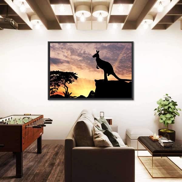Silhouette Of A Kangaroo On A Hill At Sunset Canvas Wall Art-1 Piece-Floating Frame-36" x 24"-Tiaracle