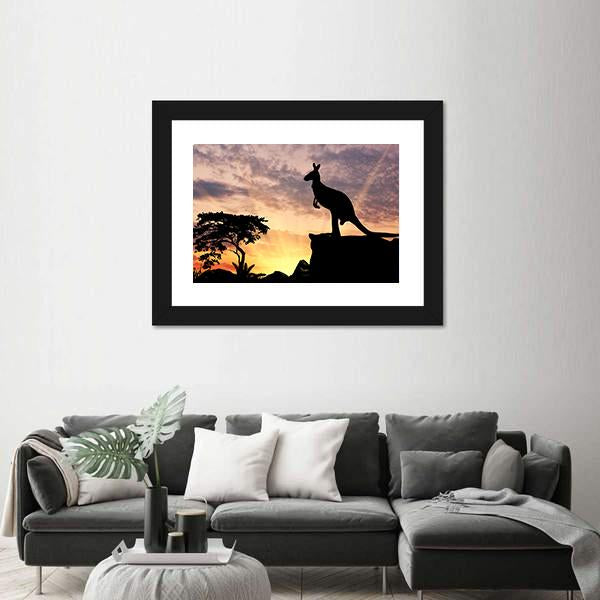 Silhouette Of A Kangaroo On A Hill At Sunset Canvas Wall Art-1 Piece-Framed Print-30" x 20"-Tiaracle