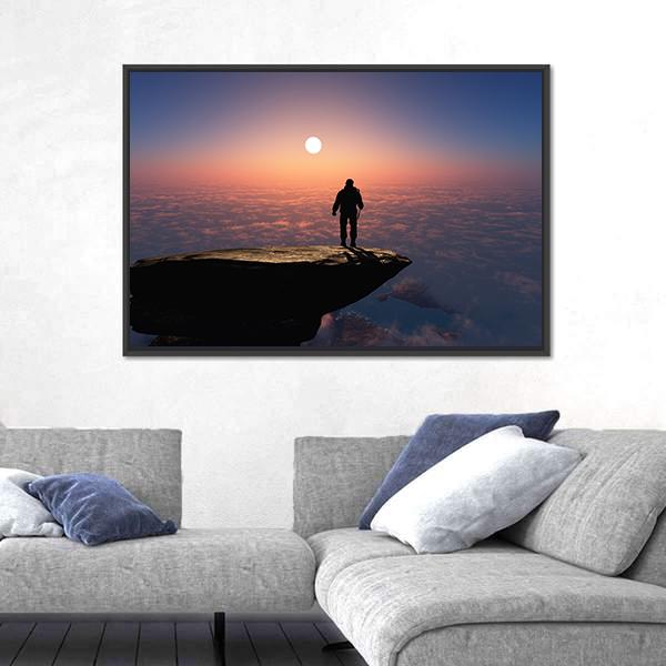 Silhouette Of A Man On A Rock Canvas Wall Art-5 Horizontal-Gallery Wrap-22" x 12"-Tiaracle